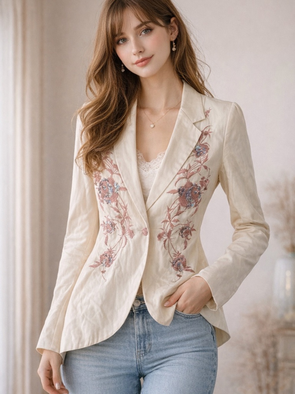 Lacy After Noon Elegant Cream Floral Embroidered Blazer